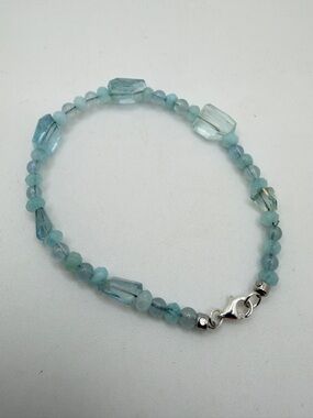 NWOT 7" ALL AQUAMARINE faceted beaded bracelet with 925 hook clasp!